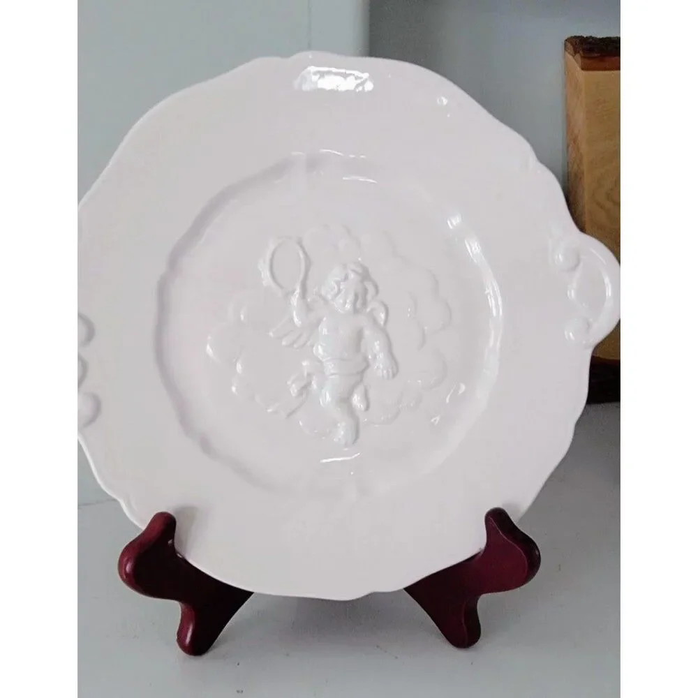 Set 4 VTG Fitz & Floyd Omnibus Cherub White Angel Handle Serving Or Snack Plates